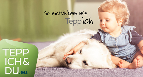 Ein kleiner Junge liegt mit einem Hund auf einem Teppich - daneben das Logo der Aktion Teppich & Du